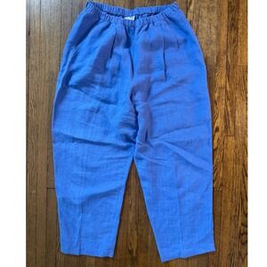 Eileen Fisher Periwinkle Blue 100% Linen Elastic Waist Tapered Barrel Pants PM